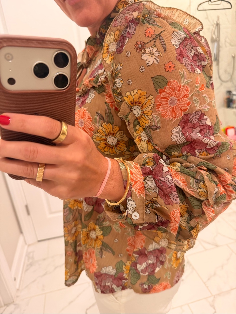 Ces Femme Floral Ruffle Blouse in Tan with Orange & Pink Accents